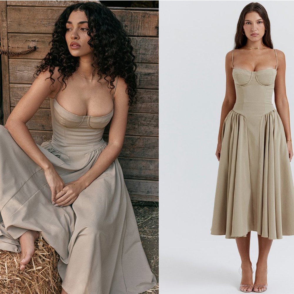 HOUSE OF CB 'Samaria' Taupe Corset Midi Sun Dress NWOT - Picture 8 of 16